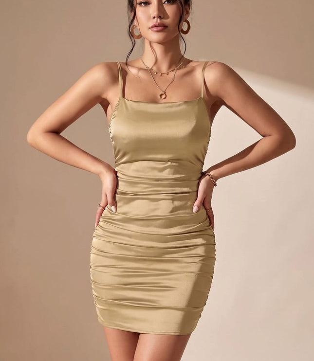 Women's Satin Ruched Bodycon Mini Cocktail Dress