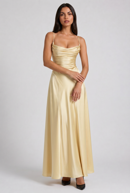 Women's Satin Ruched Maxi Evening Party Summer Dress