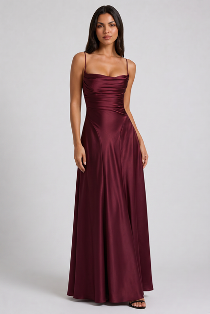 Women's Satin Ruched Maxi Evening Party Summer Dress