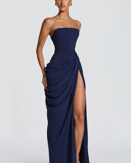Women's Satin Strapless Corset Thigh-Split Cocktail Maxi Dress