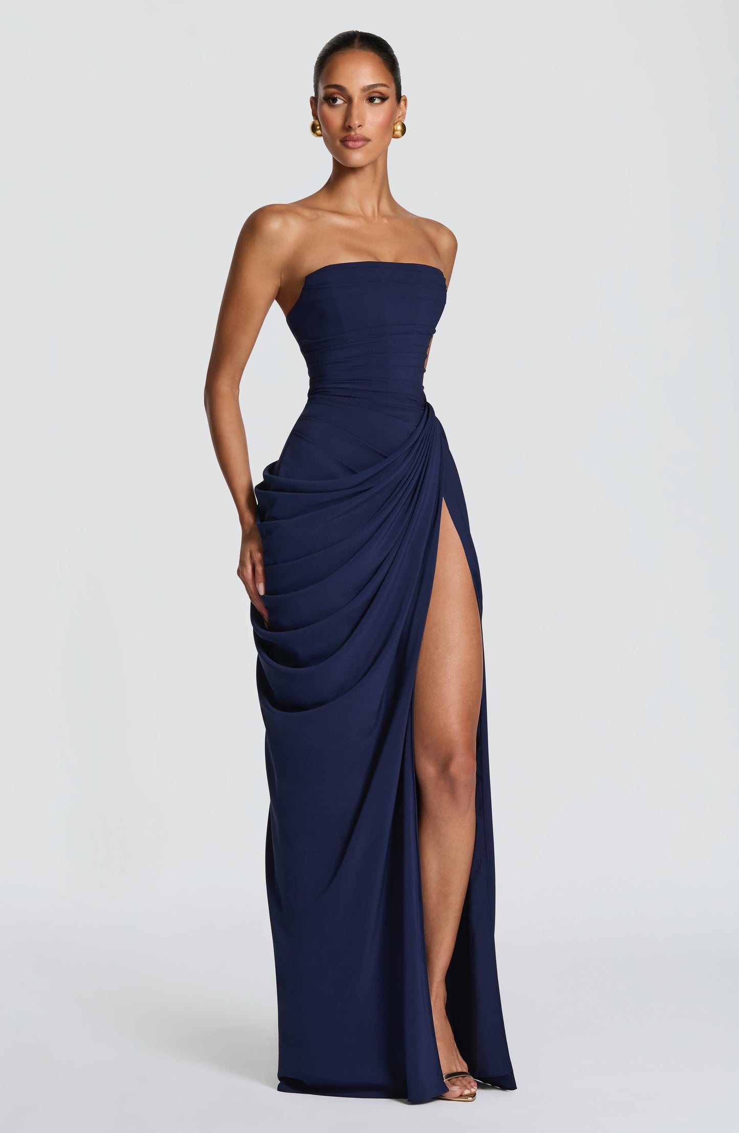 Women's Satin Strapless Corset Thigh-Split Cocktail Maxi Dress