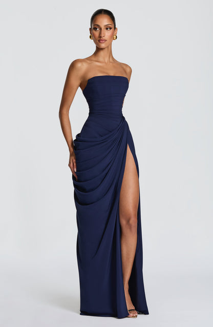 Women's Satin Strapless Corset Thigh-Split Cocktail Maxi Dress