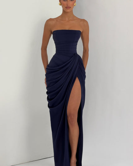 Women's Satin Strapless Corset Thigh-Split Cocktail Maxi Dress