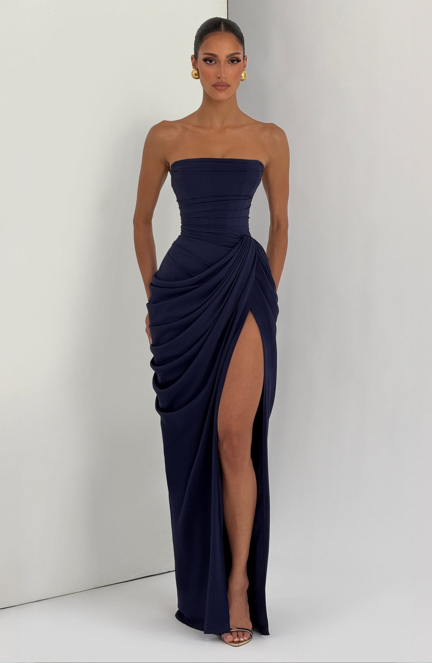 Women's Satin Strapless Corset Thigh-Split Cocktail Maxi Dress