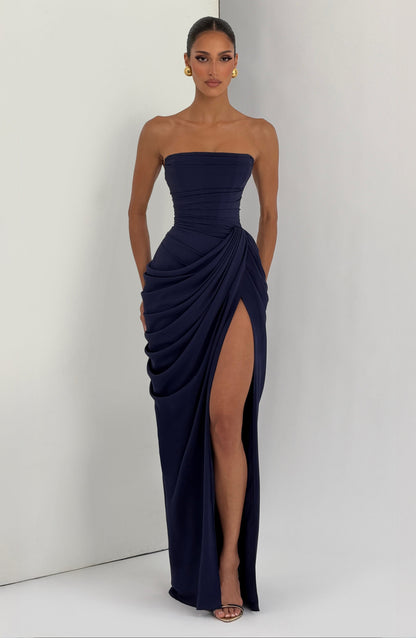 Women's Satin Strapless Corset Thigh-Split Cocktail Maxi Dress