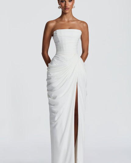 Women's Satin Strapless Corset Thigh-Split Cocktail Maxi Dress