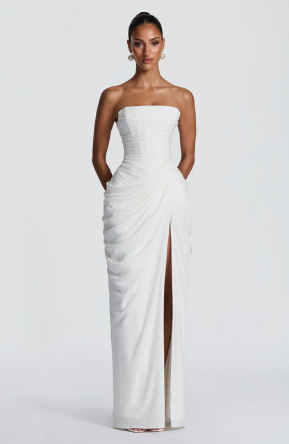 Women's Satin Strapless Corset Thigh-Split Cocktail Maxi Dress