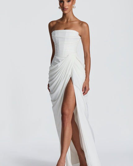 Women's Satin Strapless Corset Thigh-Split Cocktail Maxi Dress