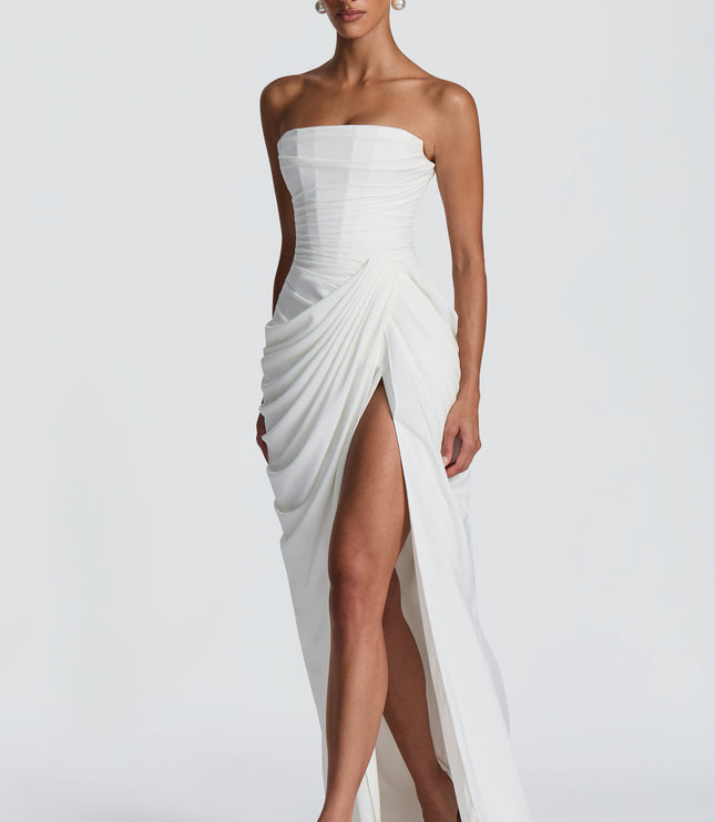 Women's Satin Strapless Corset Thigh-Split Cocktail Maxi Dress