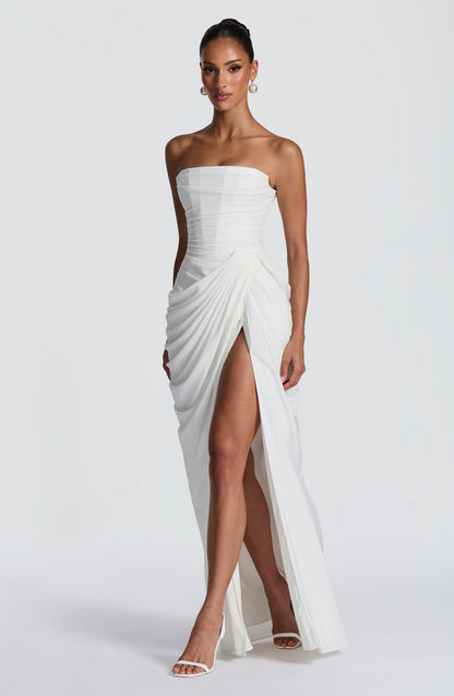 Women's Satin Strapless Corset Thigh-Split Cocktail Maxi Dress