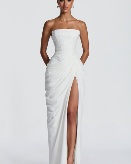 Women's Satin Strapless Corset Thigh-Split Cocktail Maxi Dress
