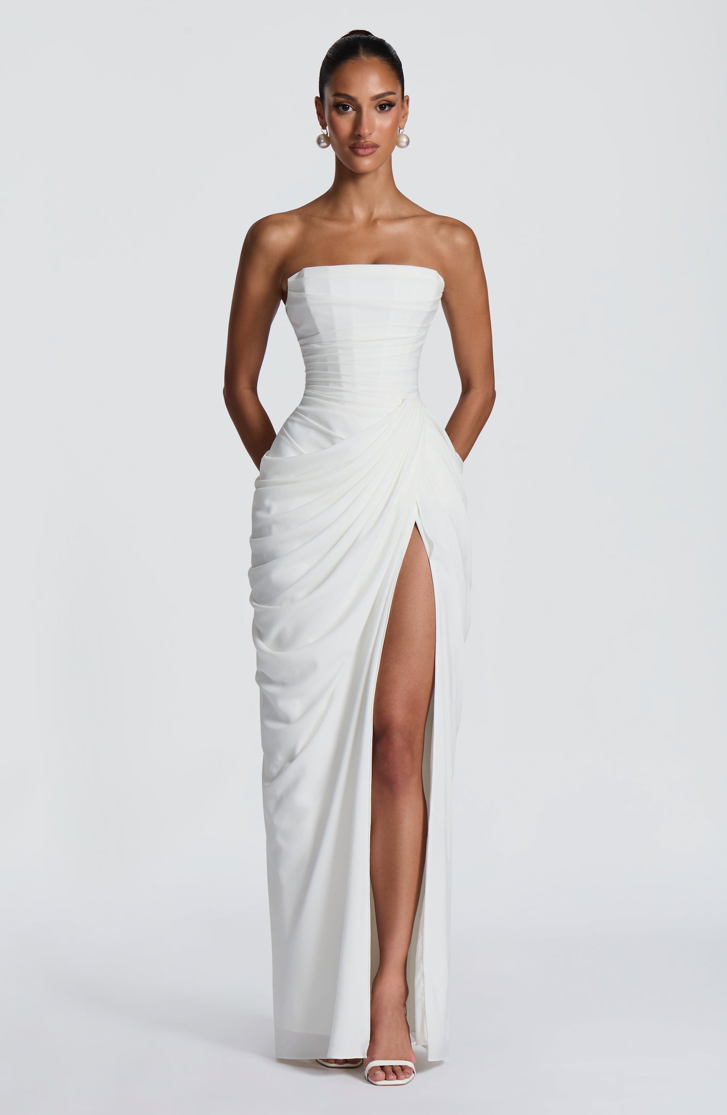 Women's Satin Strapless Corset Thigh-Split Cocktail Maxi Dress