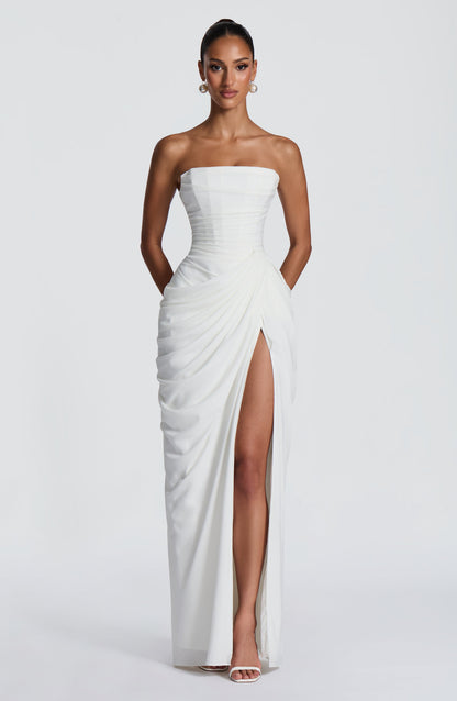 Women's Satin Strapless Corset Thigh-Split Cocktail Maxi Dress