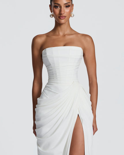 Women's Satin Strapless Corset Thigh-Split Cocktail Maxi Dress