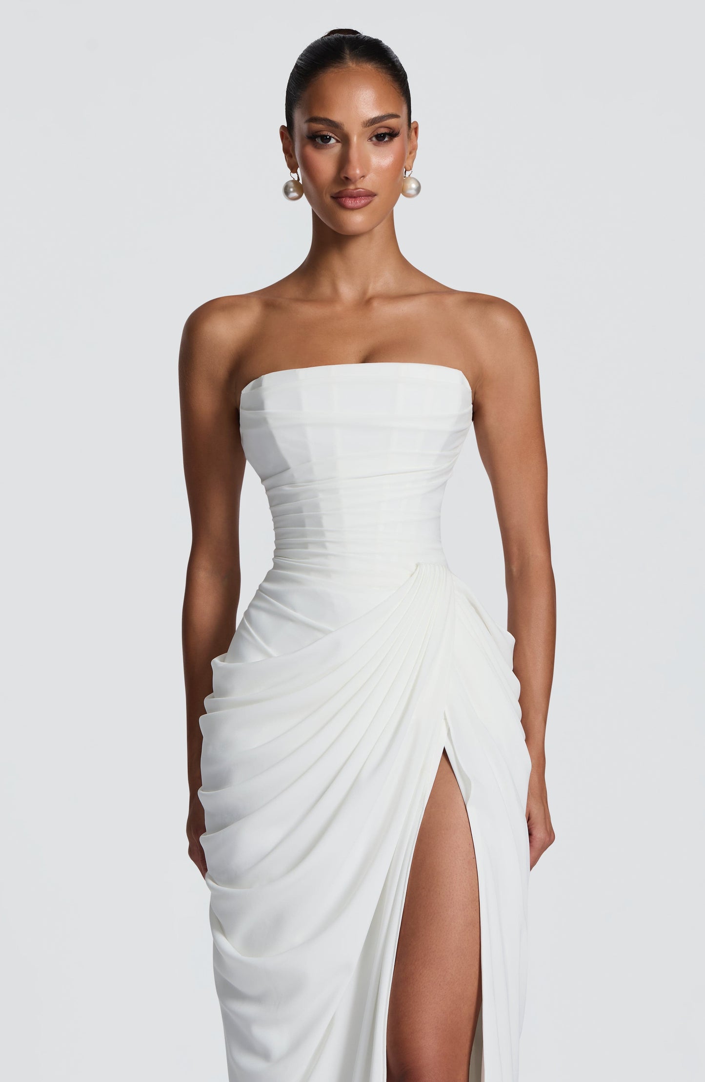 Women's Satin Strapless Corset Thigh-Split Cocktail Maxi Dress