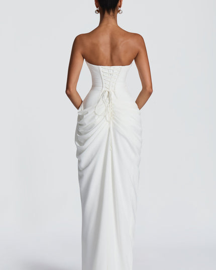 Women's Satin Strapless Corset Thigh-Split Cocktail Maxi Dress