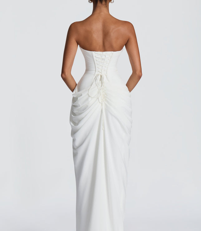 Women's Satin Strapless Corset Thigh-Split Cocktail Maxi Dress
