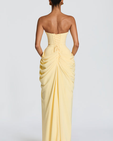 Women's Satin Strapless Corset Thigh-Split Cocktail Maxi Dress
