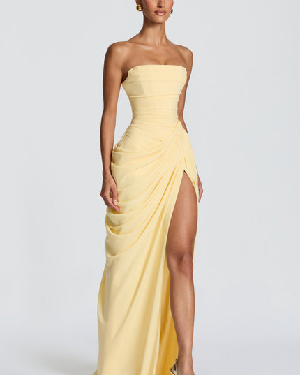 Women's Satin Strapless Corset Thigh-Split Cocktail Maxi Dress