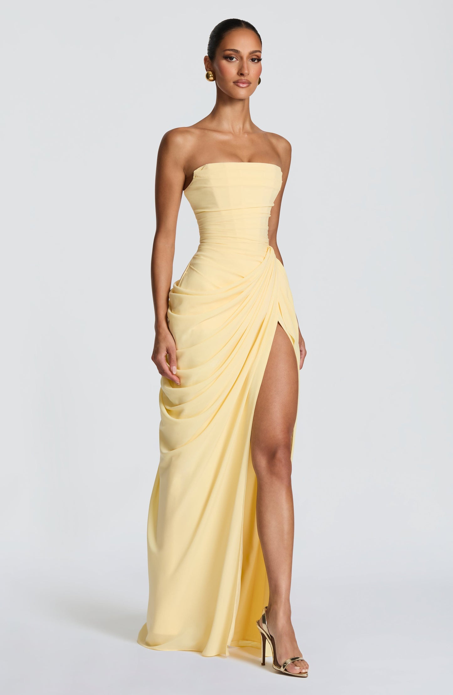 Women's Satin Strapless Corset Thigh-Split Cocktail Maxi Dress