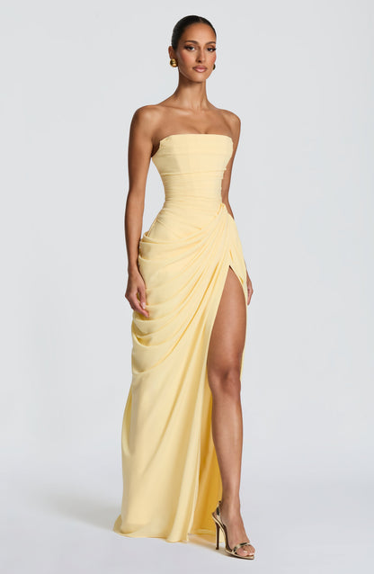 Women's Satin Strapless Corset Thigh-Split Cocktail Maxi Dress