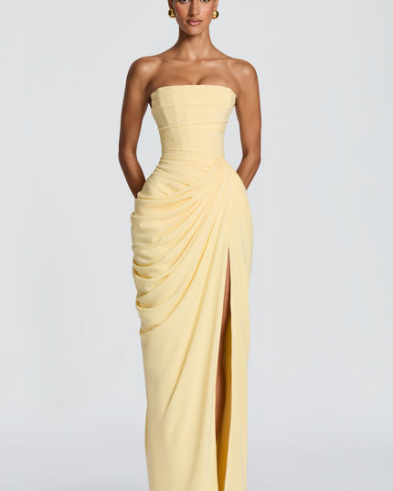 Women's Satin Strapless Corset Thigh-Split Cocktail Maxi Dress