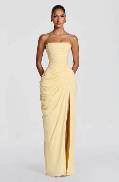 Women's Satin Strapless Corset Thigh-Split Cocktail Maxi Dress