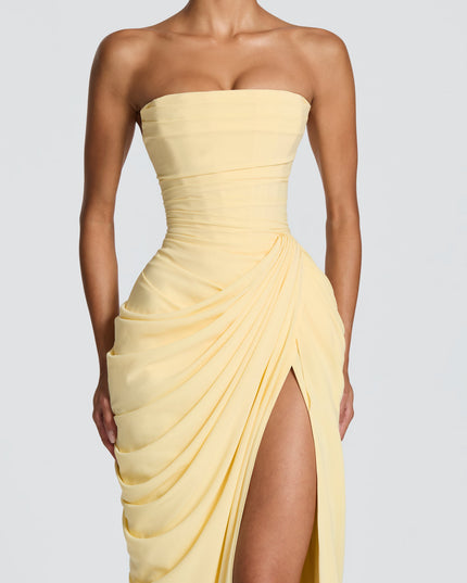 Women's Satin Strapless Corset Thigh-Split Cocktail Maxi Dress