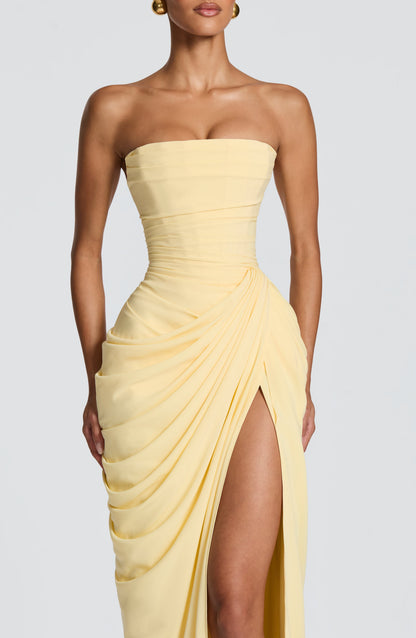 Women's Satin Strapless Corset Thigh-Split Cocktail Maxi Dress