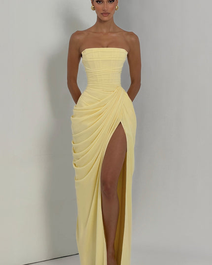 Women's Satin Strapless Corset Thigh-Split Cocktail Maxi Dress