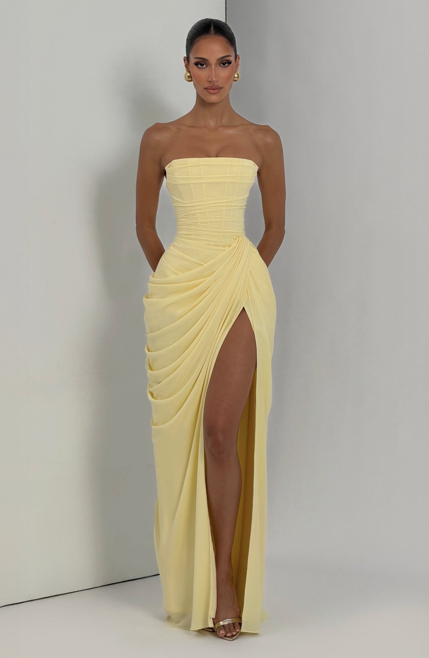Women's Satin Strapless Corset Thigh-Split Cocktail Maxi Dress