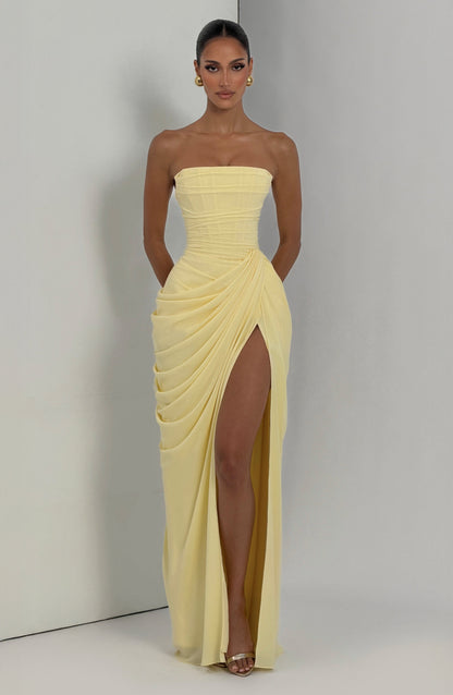 Women's Satin Strapless Corset Thigh-Split Cocktail Maxi Dress