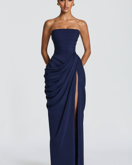 Women's Satin Strapless Corset Thigh-Split Cocktail Maxi Dress