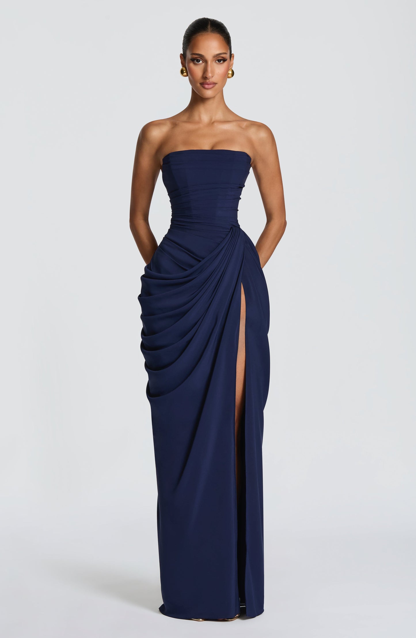 Women's Satin Strapless Corset Thigh-Split Cocktail Maxi Dress