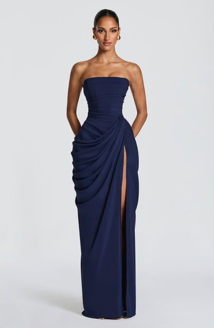 Women's Satin Strapless Corset Thigh-Split Cocktail Maxi Dress