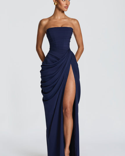 Women's Satin Strapless Corset Thigh-Split Cocktail Maxi Dress
