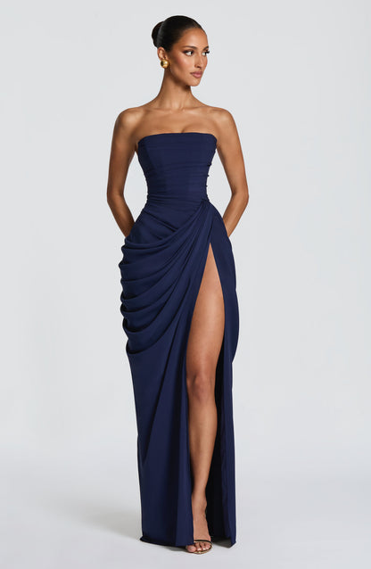 Women's Satin Strapless Corset Thigh-Split Cocktail Maxi Dress