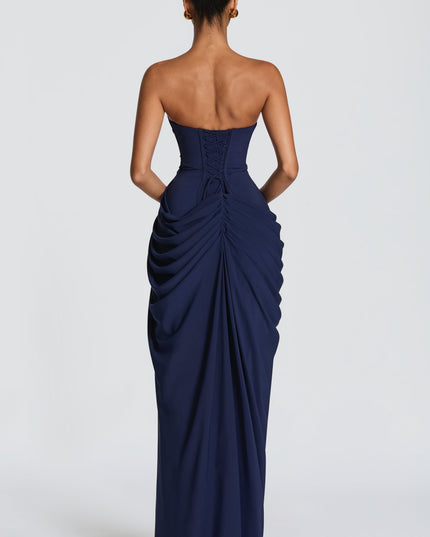 Women's Satin Strapless Corset Thigh-Split Cocktail Maxi Dress