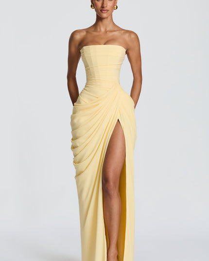 Women's Satin Strapless Corset Thigh-Split Cocktail Maxi Dress