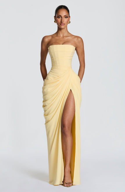 Women's Satin Strapless Corset Thigh-Split Cocktail Maxi Dress