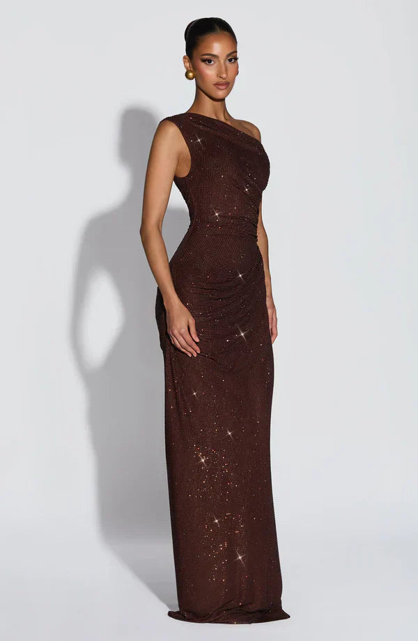 Women's Satin V-Neck Cocktail Maxi Dress for Summer - Plum Brown / S - Fashion