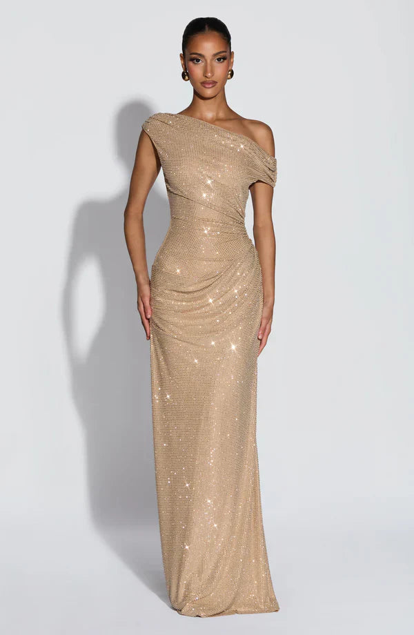 Women's Satin V-Neck Cocktail Maxi Dress for Summer - Gold / M - Fashion