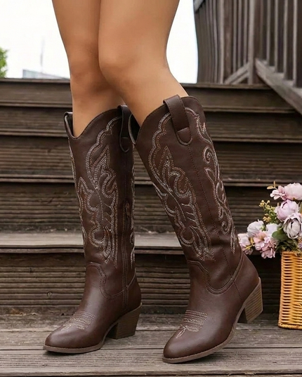 Women's Scrollwork Western Boots with a Stacked Heel