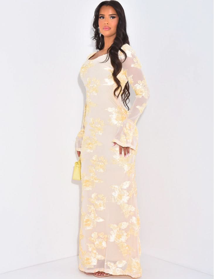 Women's Sequin Floral Long Sleeve Wedding-Guest Maxi Dress - Yellow / XL - Fashion