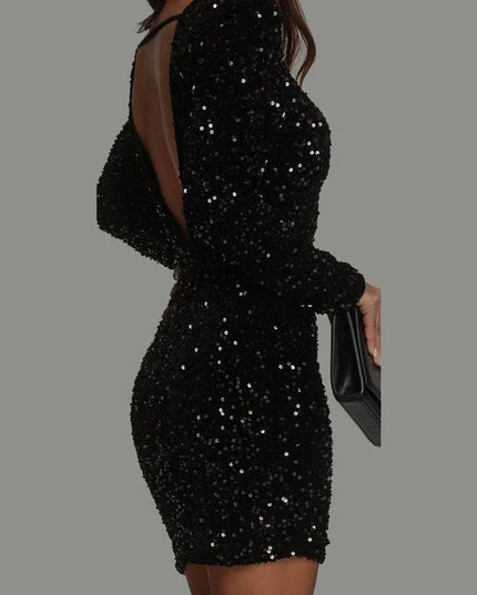 Women's Sequin Mini Dress with a Round Neck and Low Back
