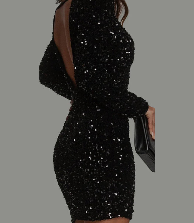 Women's Sequin Mini Dress with a Round Neck and Low Back