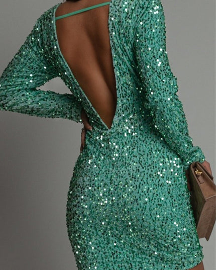 Women's Sequin Mini Dress with a Round Neck and Low Back