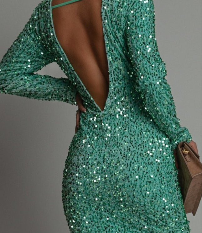 Women's Sequin Mini Dress with a Round Neck and Low Back