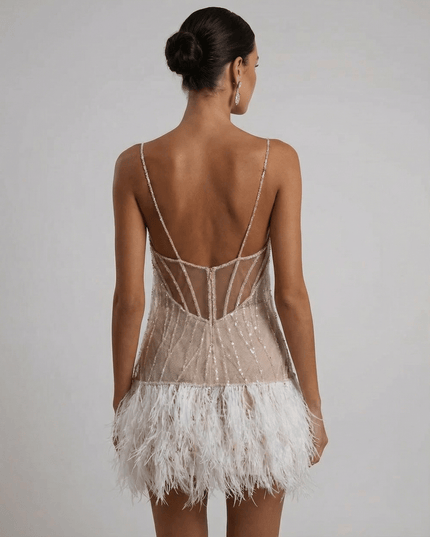 Women's Sequin Mini Dress with an Open Back and Feather Hem