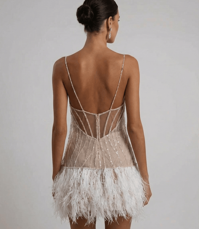 Women's Sequin Mini Dress with an Open Back and Feather Hem